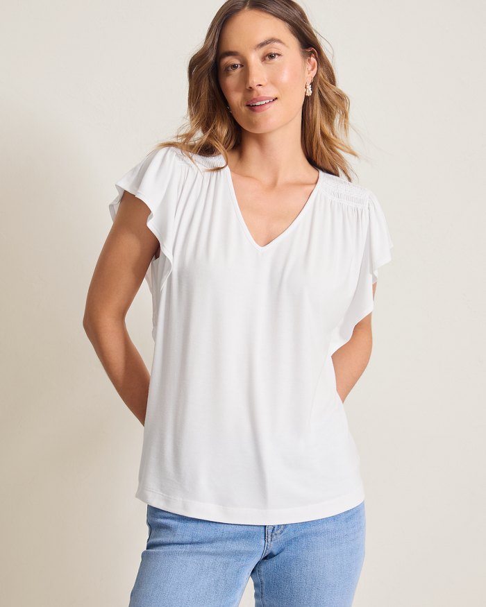Kauai Smocked Flutter-Sleeve Top