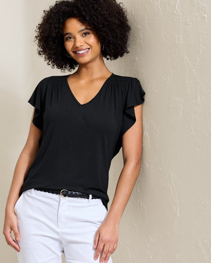 Kauai Smocked Flutter-Sleeve Top
