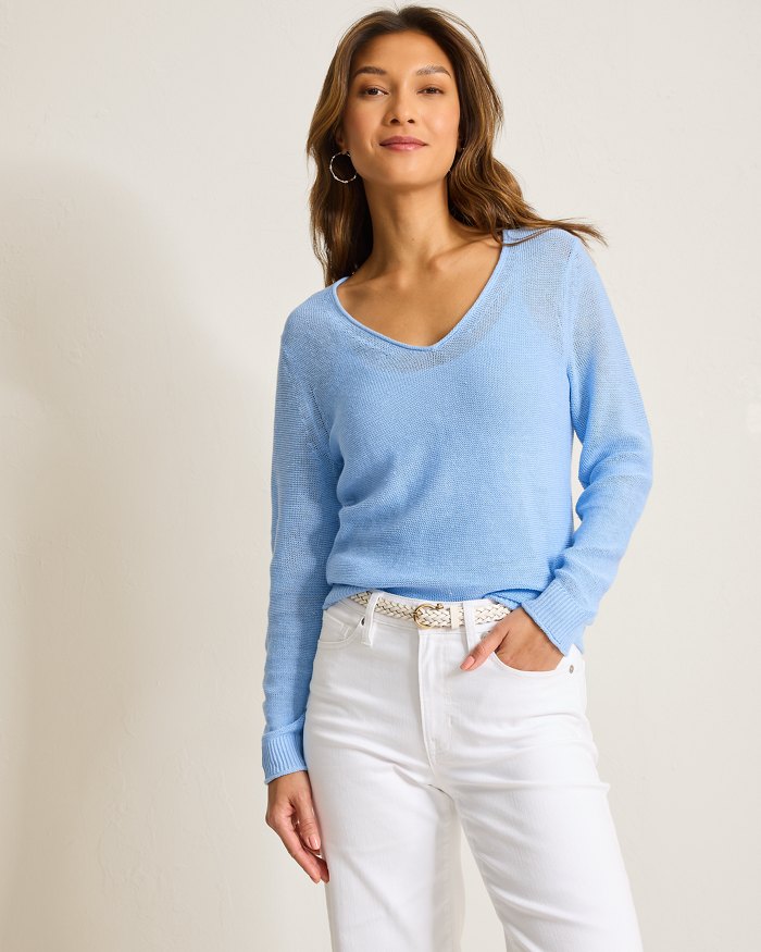 Cedar Linen Long-Sleeve V-Neck Sweater