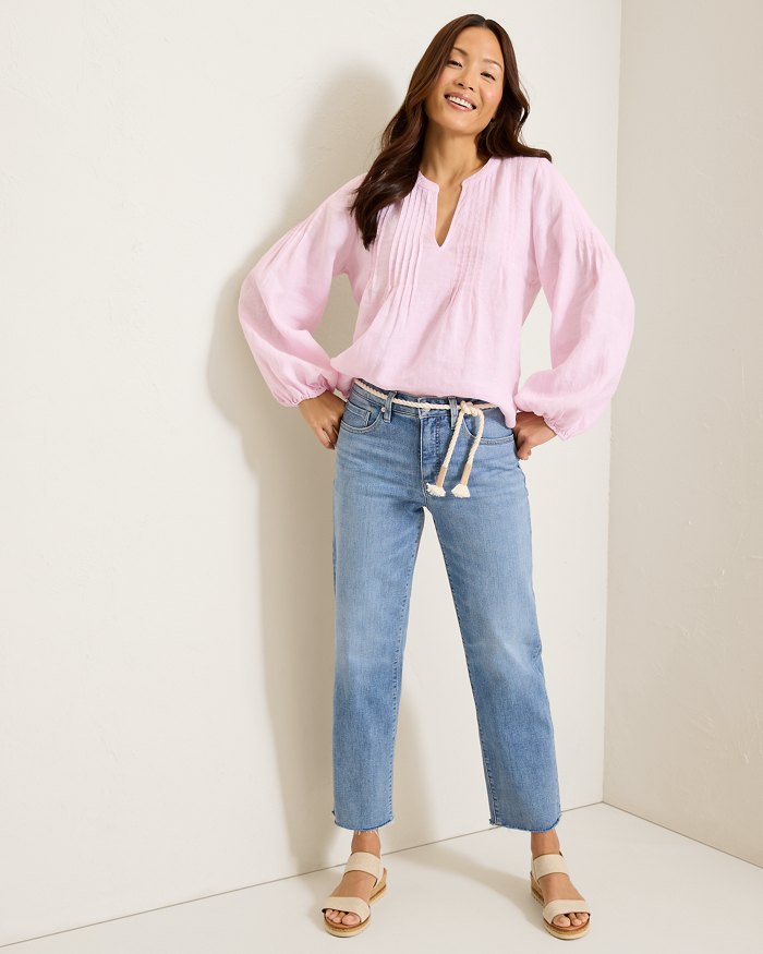 Coastalina Linen Pintuck Peasant Top