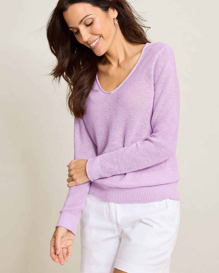 Cedar Linen Long-Sleeve V-Neck Sweater