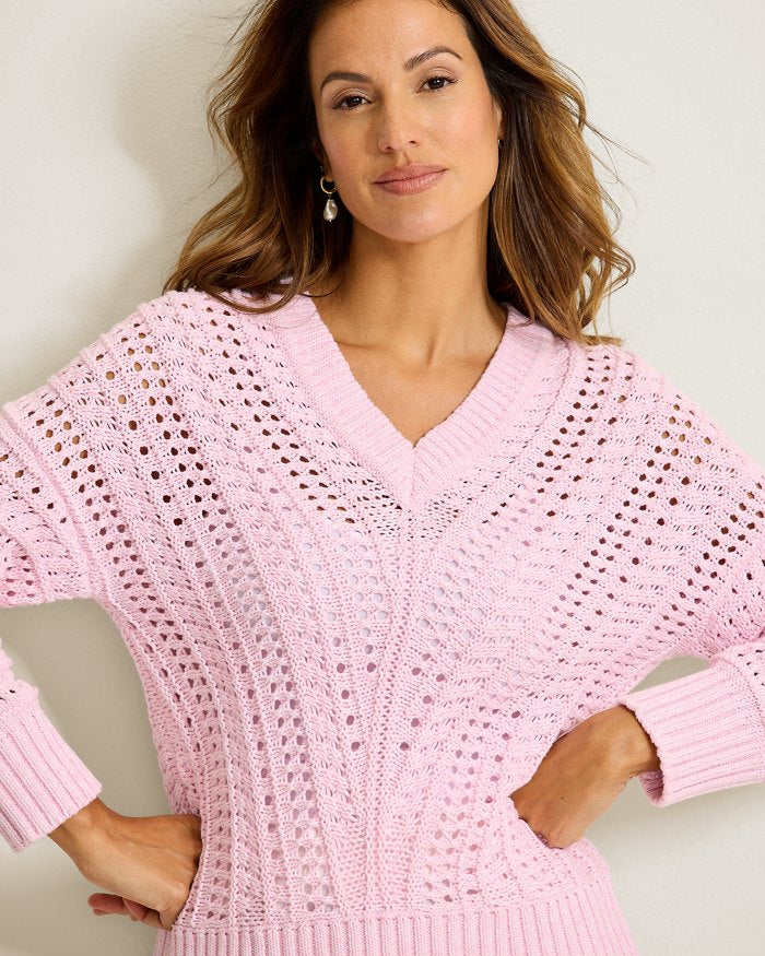 Beachy Cotton Open-Stitch V-Neck Sweater