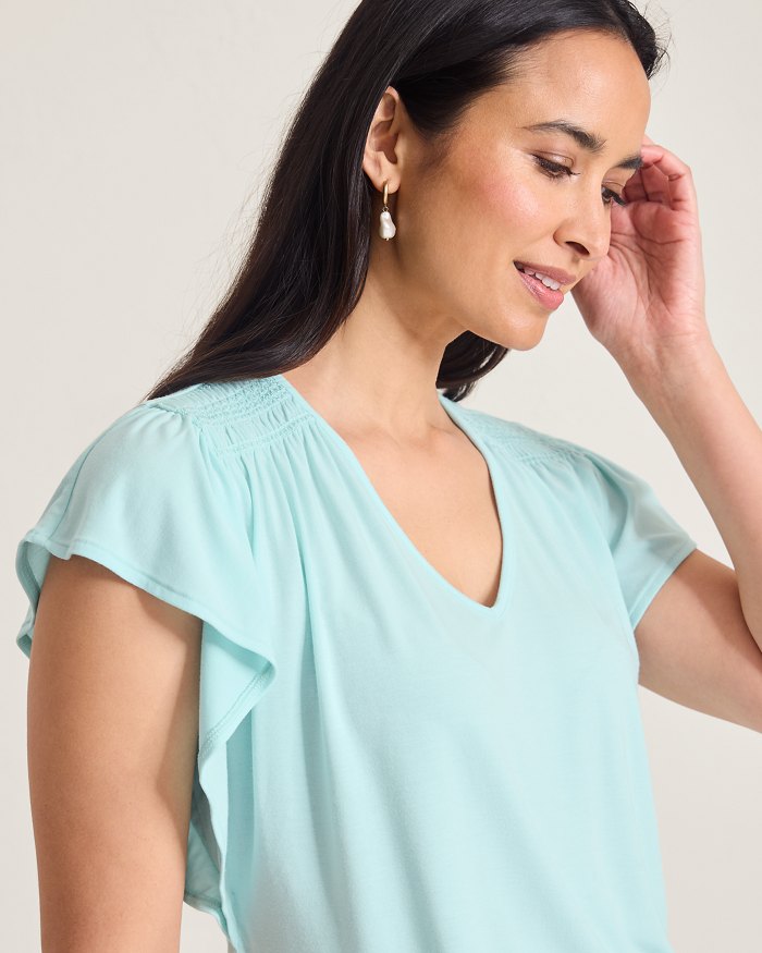 Kauai Smocked Flutter-Sleeve Top