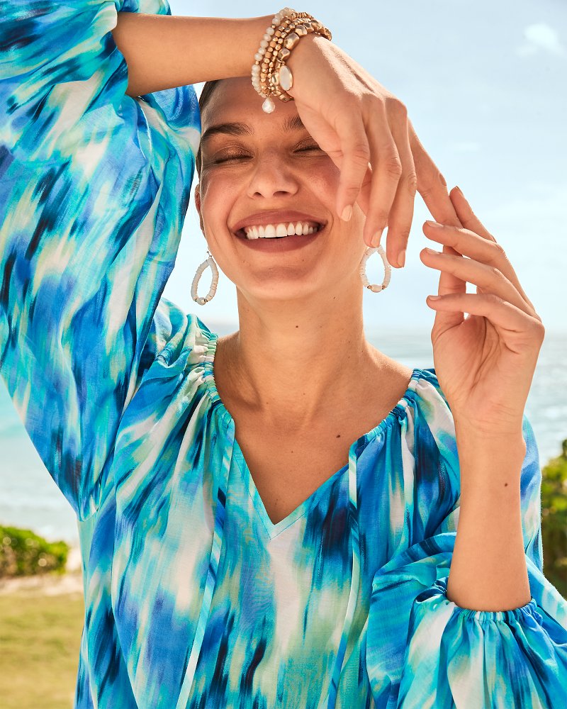Agua Amara Ikat Shimmer Long-Sleeve Peasant Top