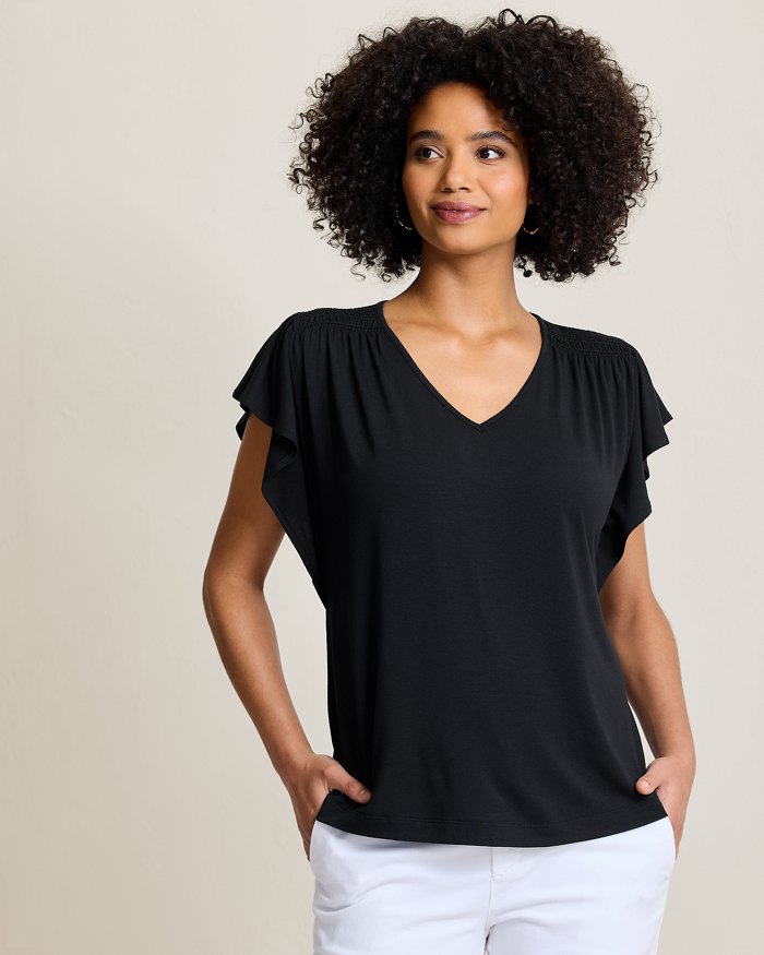 Kauai Smocked Flutter-Sleeve Top