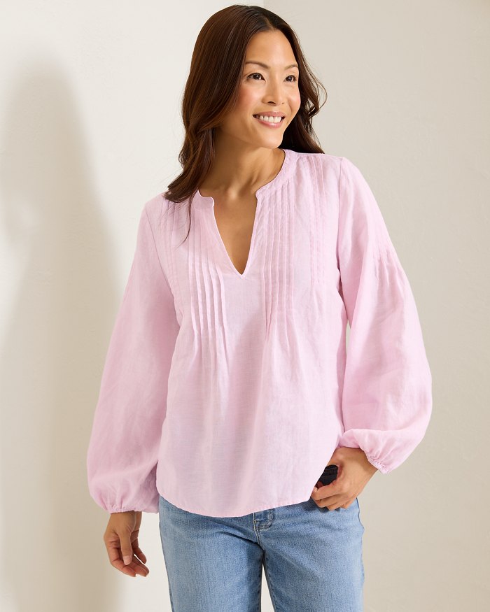 Coastalina Linen Pintuck Peasant Top