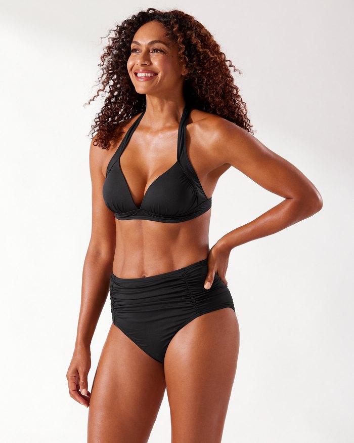 Pearl Shirred High-Waist Bikini Bottoms
