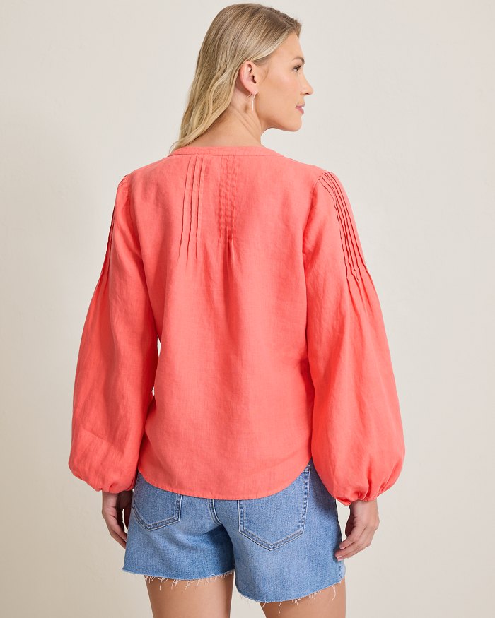 Coastalina Linen Pintuck Peasant Top