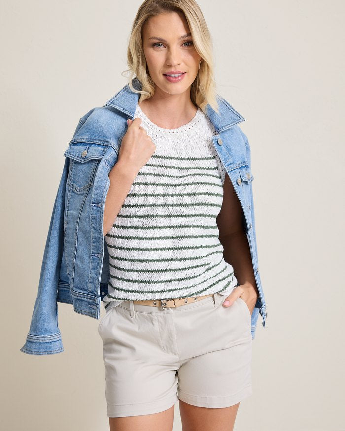 Crochet Edge Stripe Sleeveless Linen-Blend Sweater