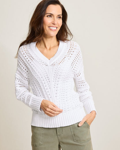 Beachy Cotton Open-Stitch V-Neck Sweater