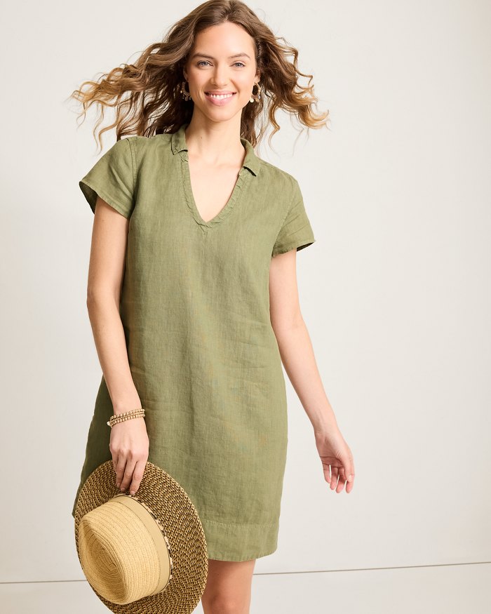 Two Palms Short-Sleeve Linen Collared Dress