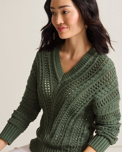 Beachy Cotton Open-Stitch V-Neck Sweater