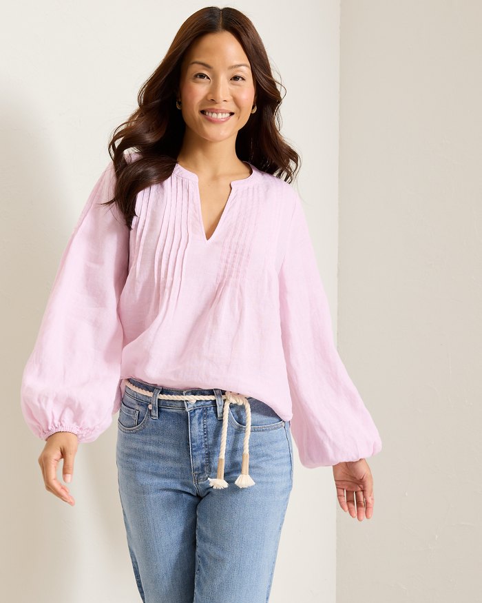 Coastalina Linen Pintuck Peasant Top