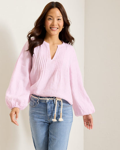 Coastalina Linen Pintuck Peasant Top