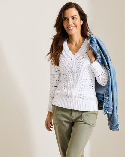 Beachy Cotton Open-Stitch V-Neck Sweater