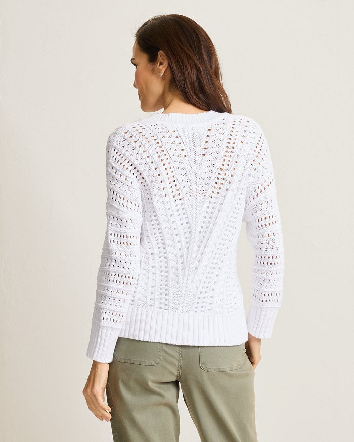 Beachy Cotton Open-Stitch V-Neck Sweater
