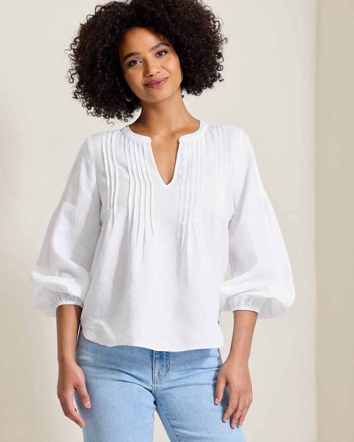 Coastalina Linen Pintuck Peasant Top