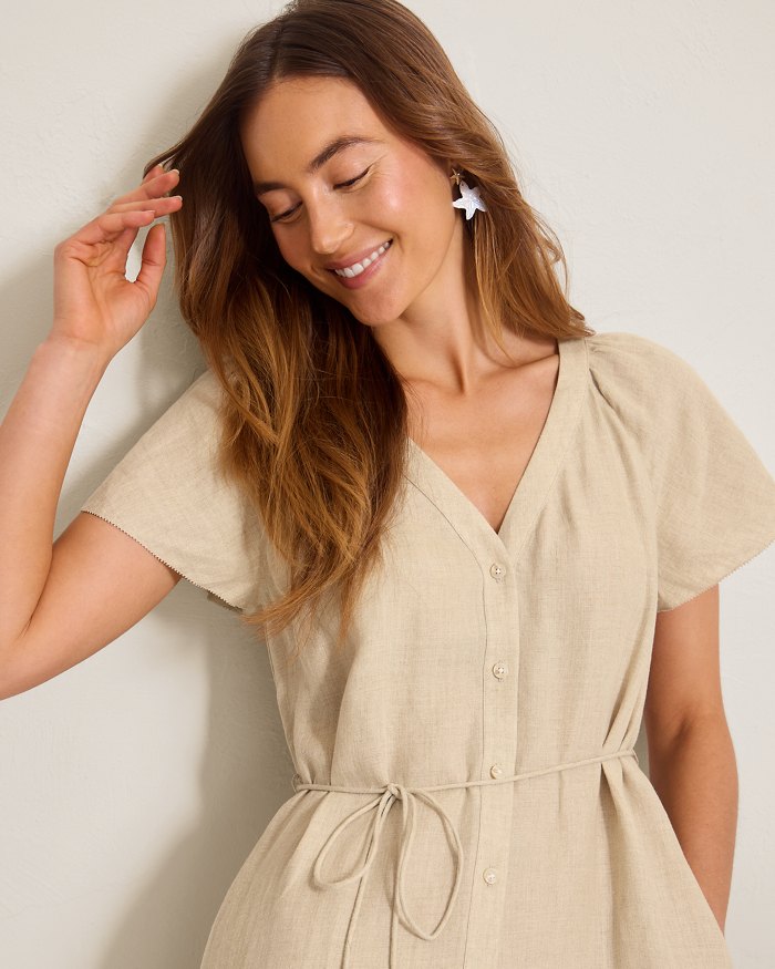 Coastalina Linen Tiered Shirt Dress