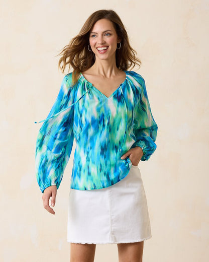 Agua Amara Ikat Shimmer Long-Sleeve Peasant Top