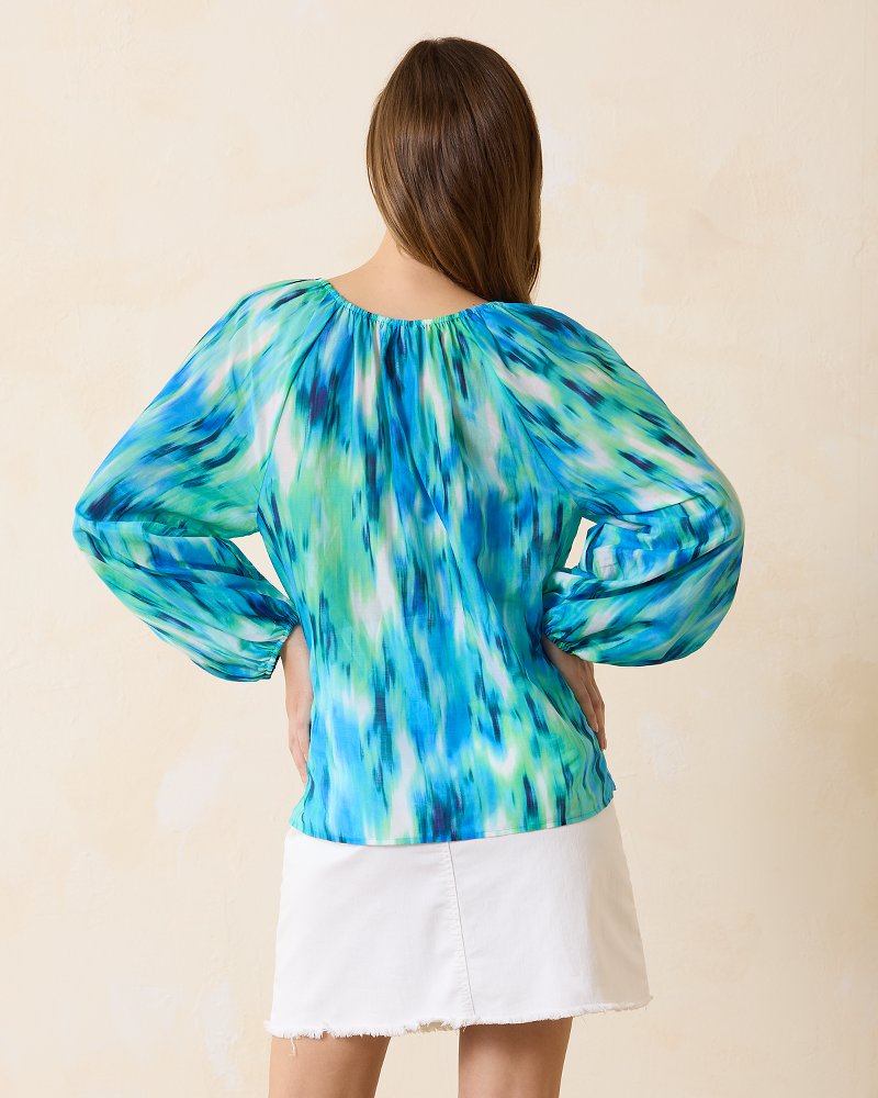 Agua Amara Ikat Shimmer Long-Sleeve Peasant Top
