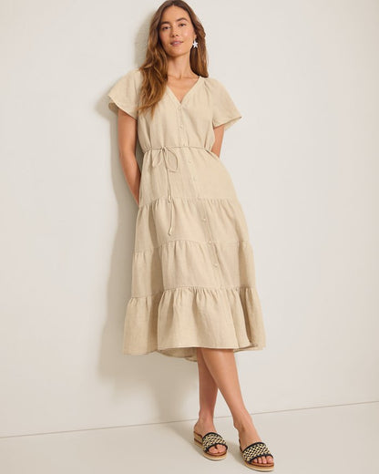 Coastalina Linen Tiered Shirt Dress