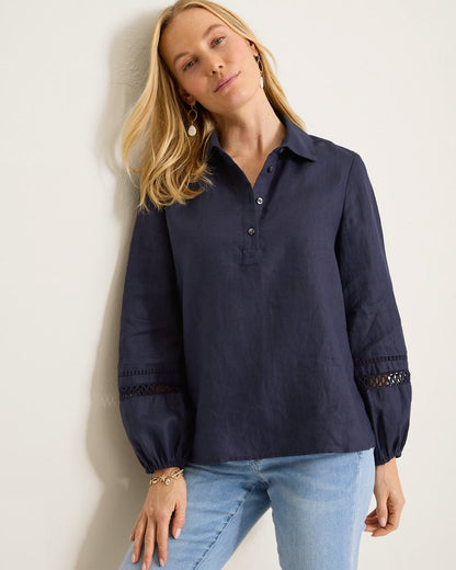 Coastalina Linen Collared Peasant Top