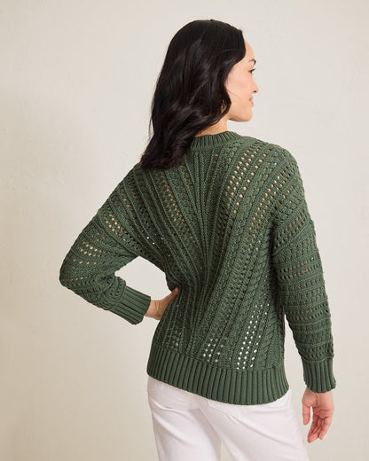 Beachy Cotton Open-Stitch V-Neck Sweater
