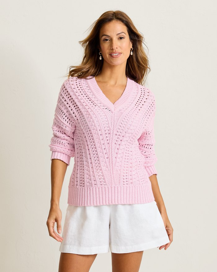 Beachy Cotton Open-Stitch V-Neck Sweater