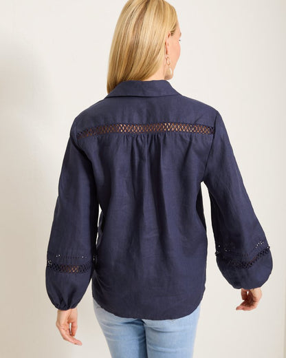 Coastalina Linen Collared Peasant Top