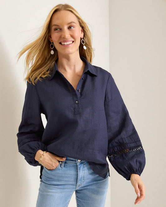 Coastalina Linen Collared Peasant Top