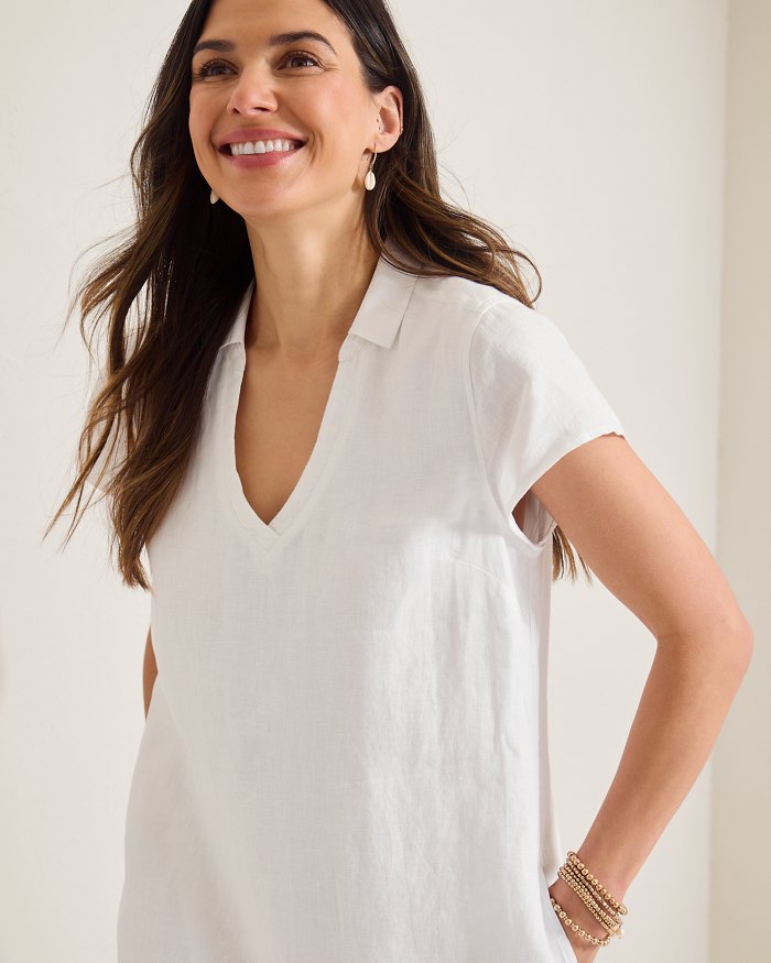 Two Palms Short-Sleeve Linen Collared Dress