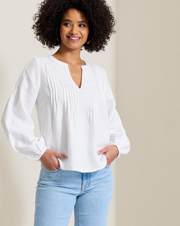 Coastalina Linen Pintuck Peasant Top