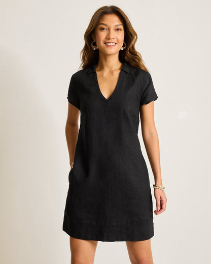 Two Palms Short-Sleeve Linen Collared Dress